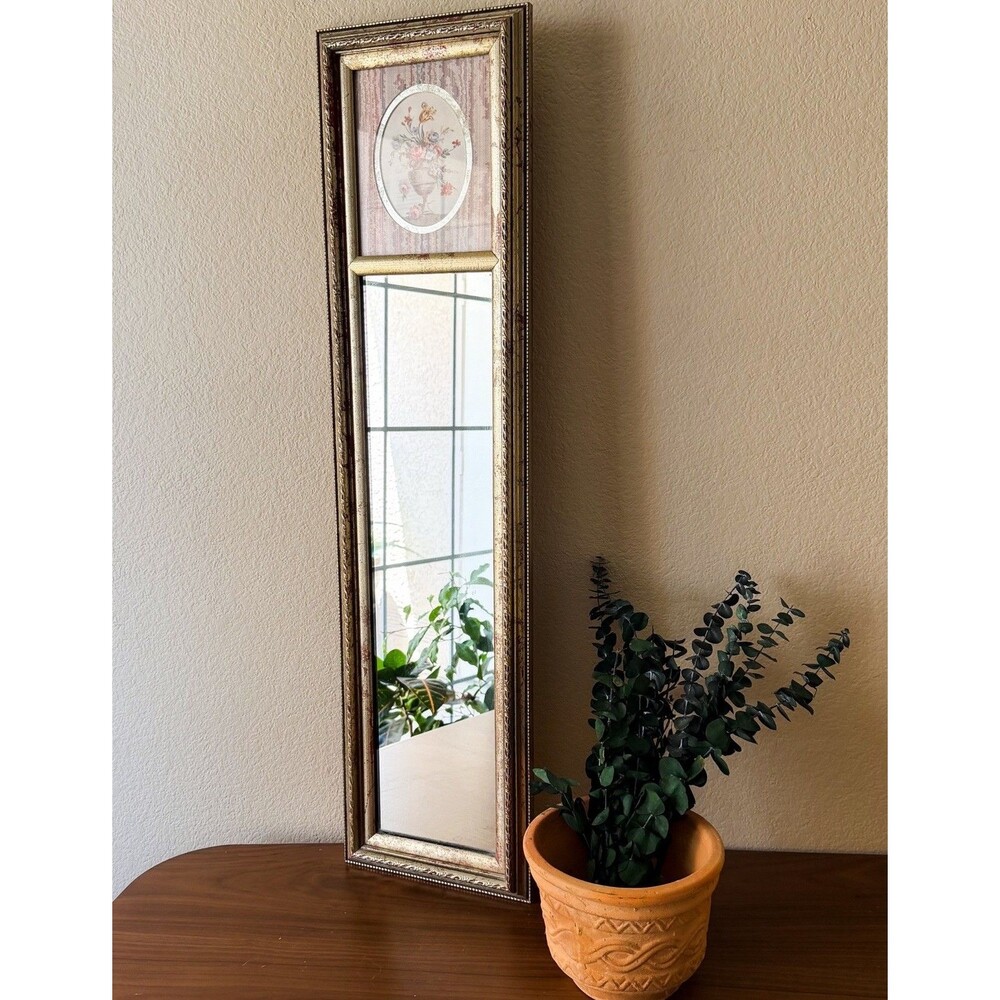 Vintage Shabby Chic Wall Mirror Floral Cottage Distressed Gold Cream 34” x 9”